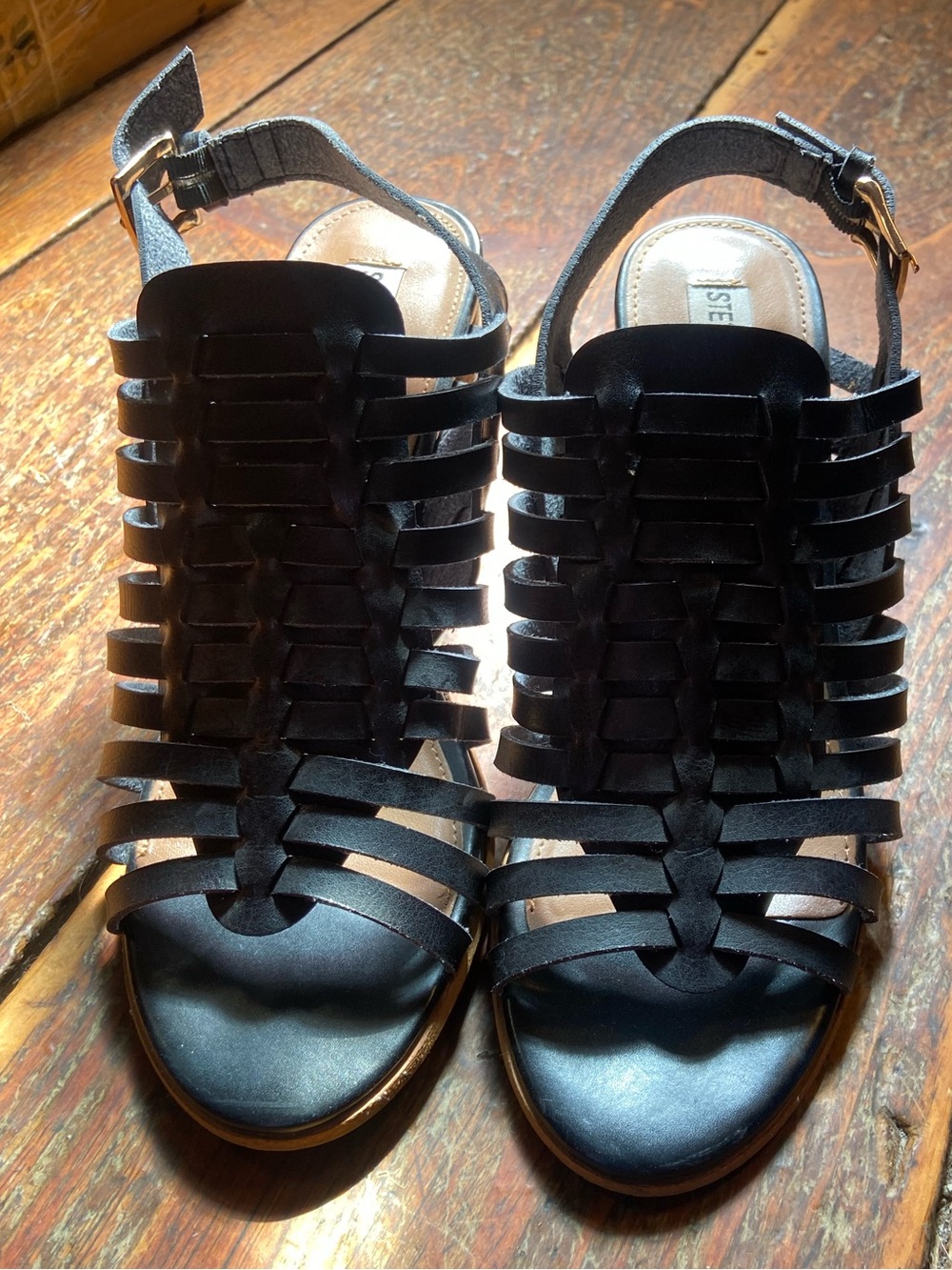 Steve Madden Black Strappy Cage Sandals with Ankle Buckle